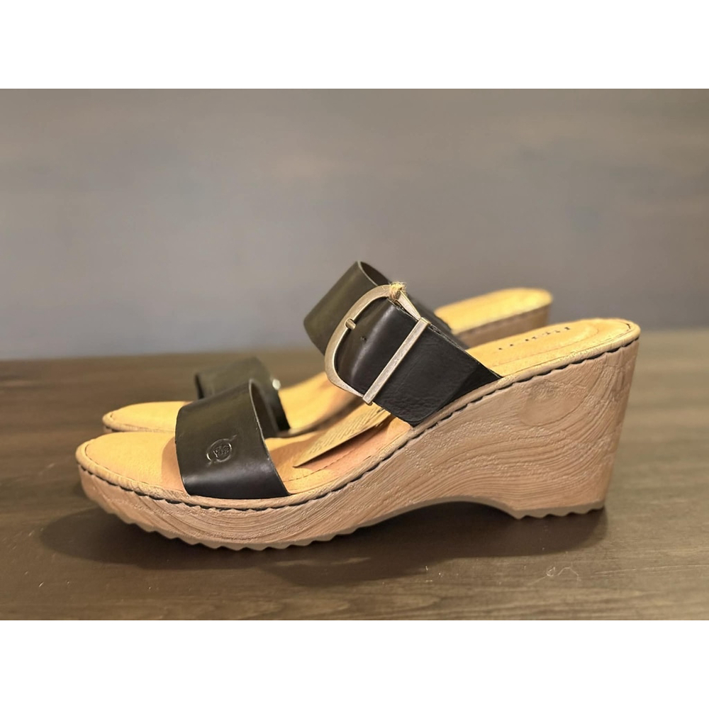 Born Women's Emily LEATHER Buckle Straps Wedge Mule Sandals 10 M BLACK - Picture 8 of 15